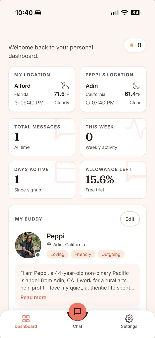 The Peppi app dashboard, with the buddy profile, local time and weather, and the Dashboard, Chat and Settings menu
